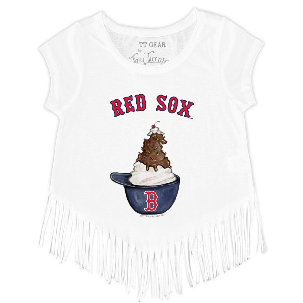 Girls Youth Boston Red Sox Tiny Turnip White Sundae Helmet Fringe T-Shirt