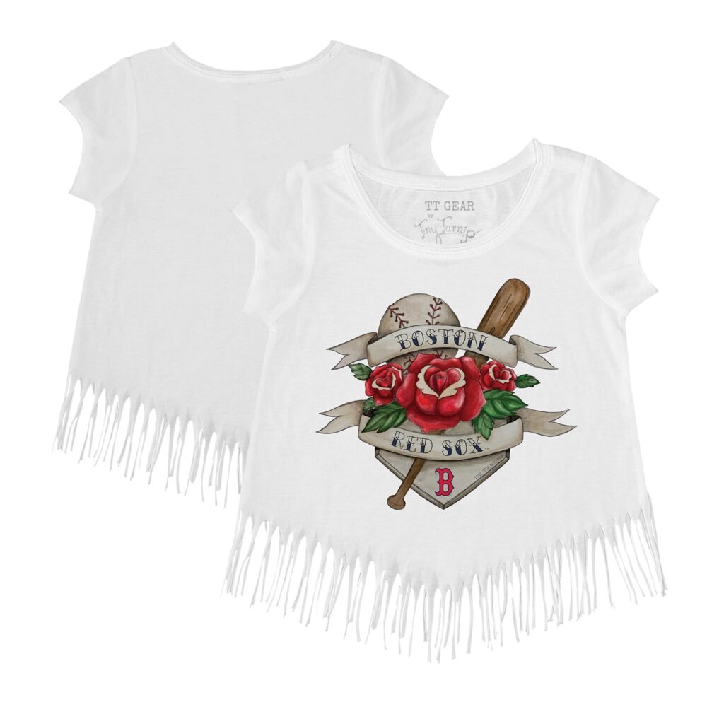 Girls Youth Boston Red Sox Tiny Turnip White Tattoo Rose Fringe T-Shirt