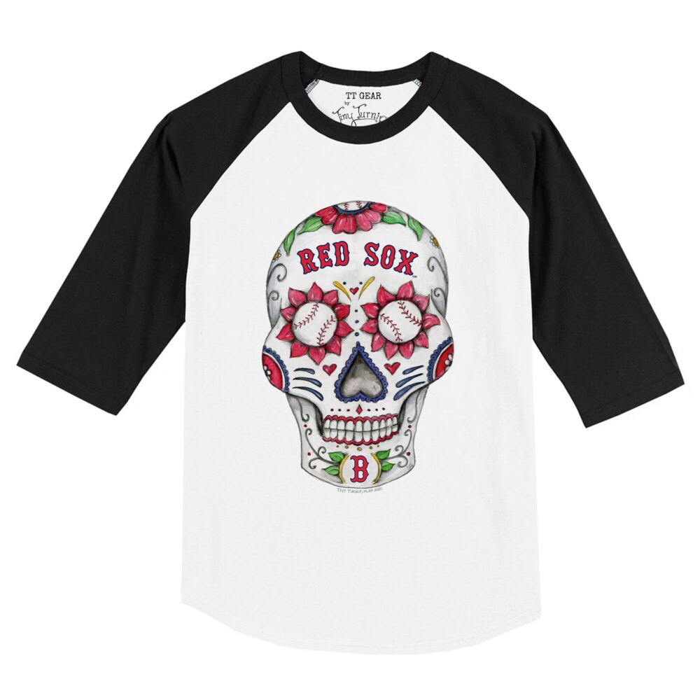Infant Boston Red Sox Tiny Turnip White/Black Sugar Skull Raglan 3/4 Sleeve T-Shirt