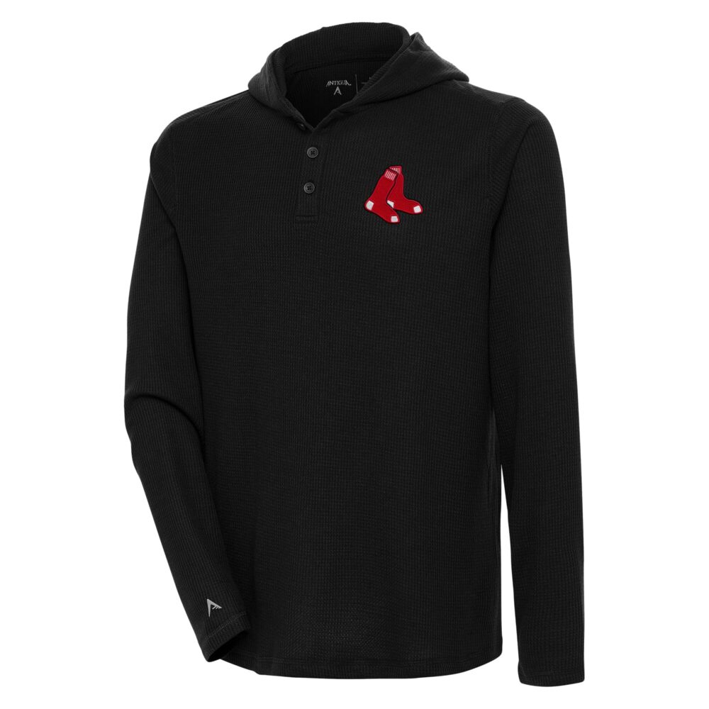Men's Boston Red Sox  Antigua Black Strong Hold Long Sleeve Henley Hoodie T-Shirt