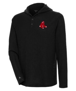 Men's Boston Red Sox  Antigua Black Strong Hold Long Sleeve Henley Hoodie T-Shirt
