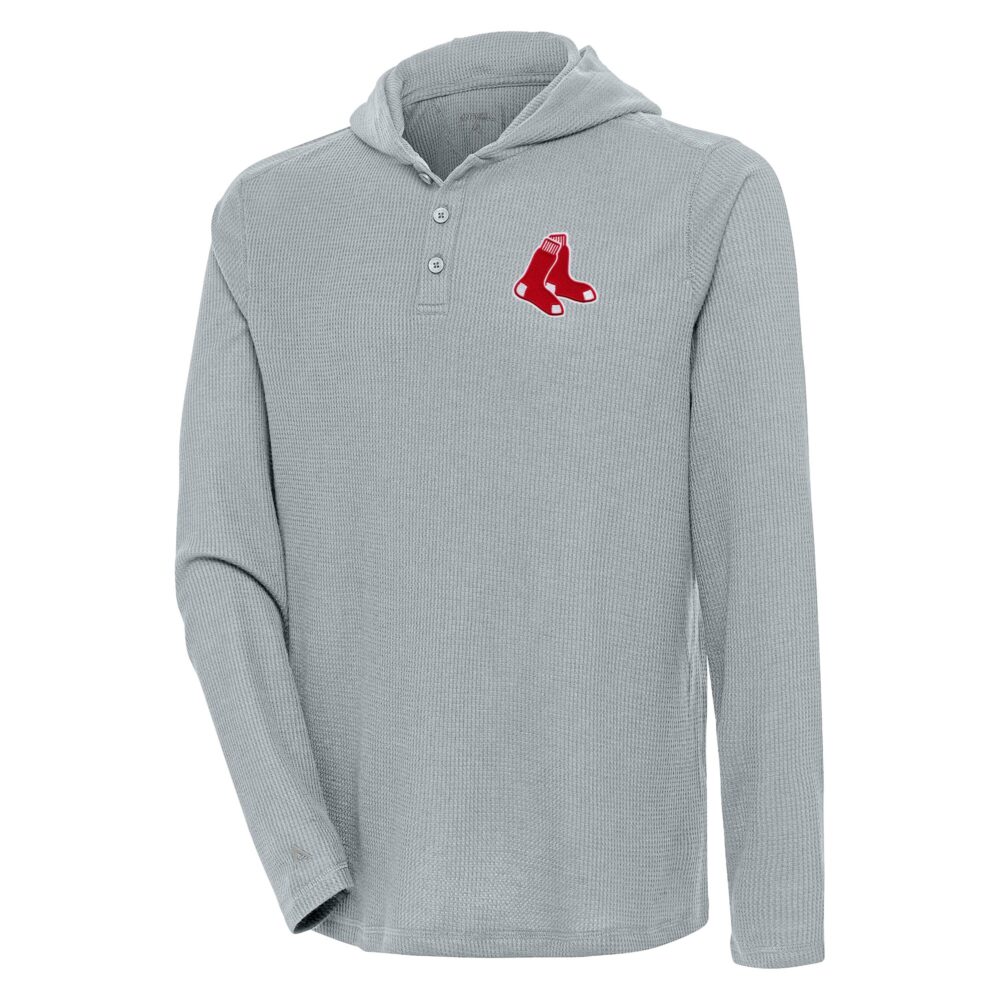 Men's Boston Red Sox  Antigua Gray Strong Hold Long Sleeve Henley Hoodie T-Shirt
