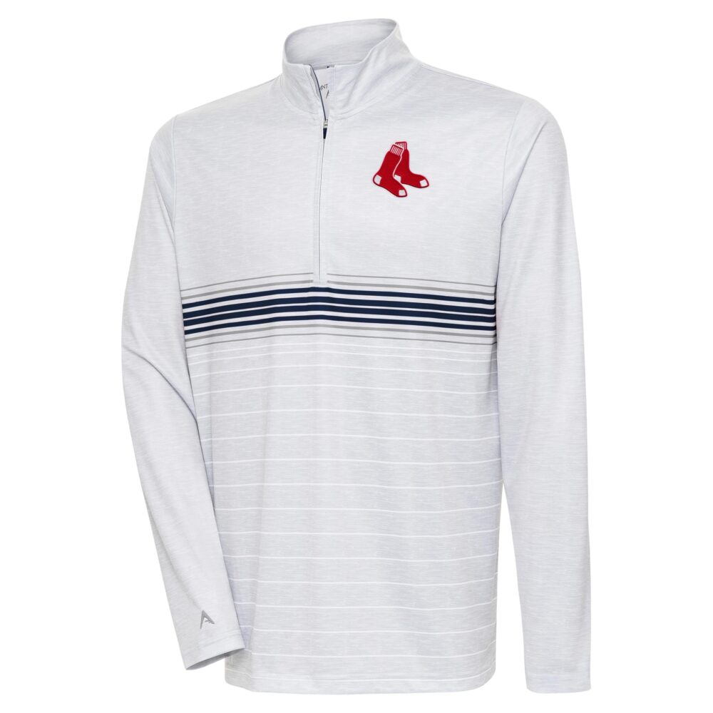 Men's Boston Red Sox Antigua Heather Gray/Navy Bullseye Quarter-Zip Pullover Top