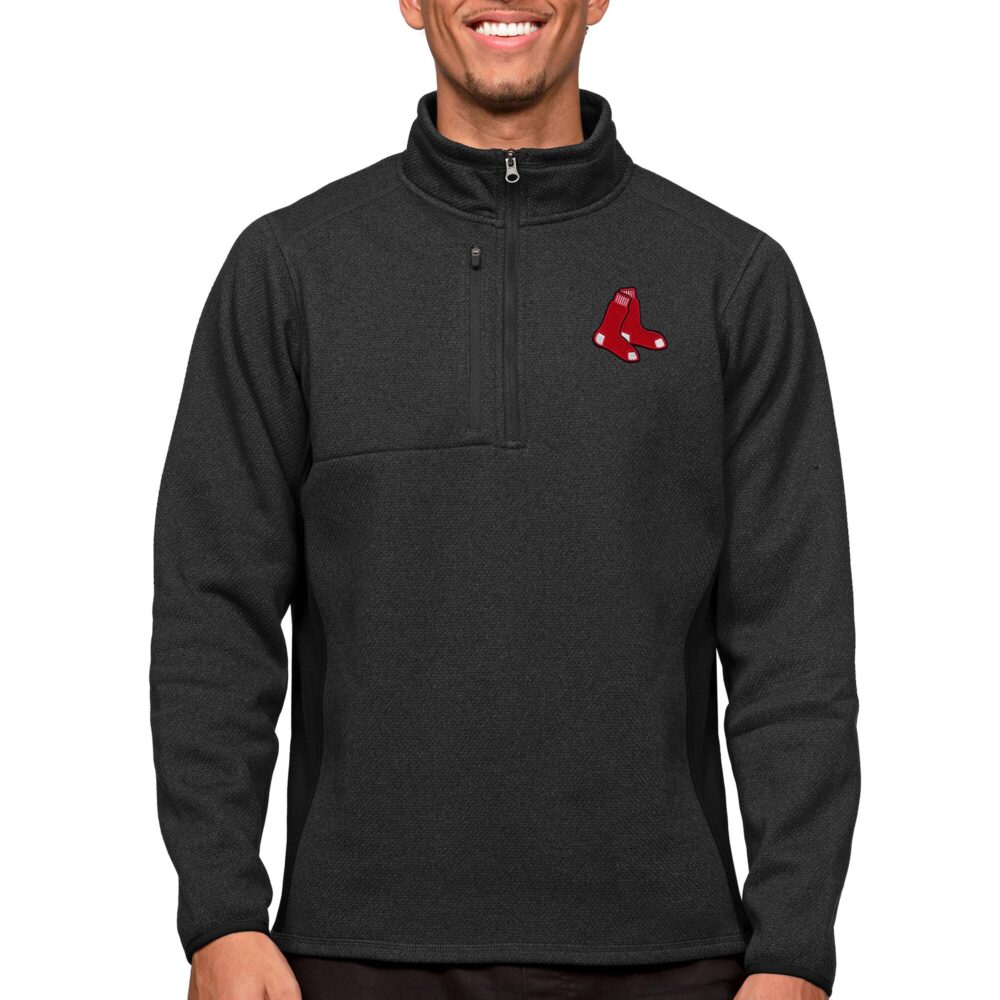 Men's Boston Red Sox Antigua Heathered Black Course Quarter-Zip Pullover Top