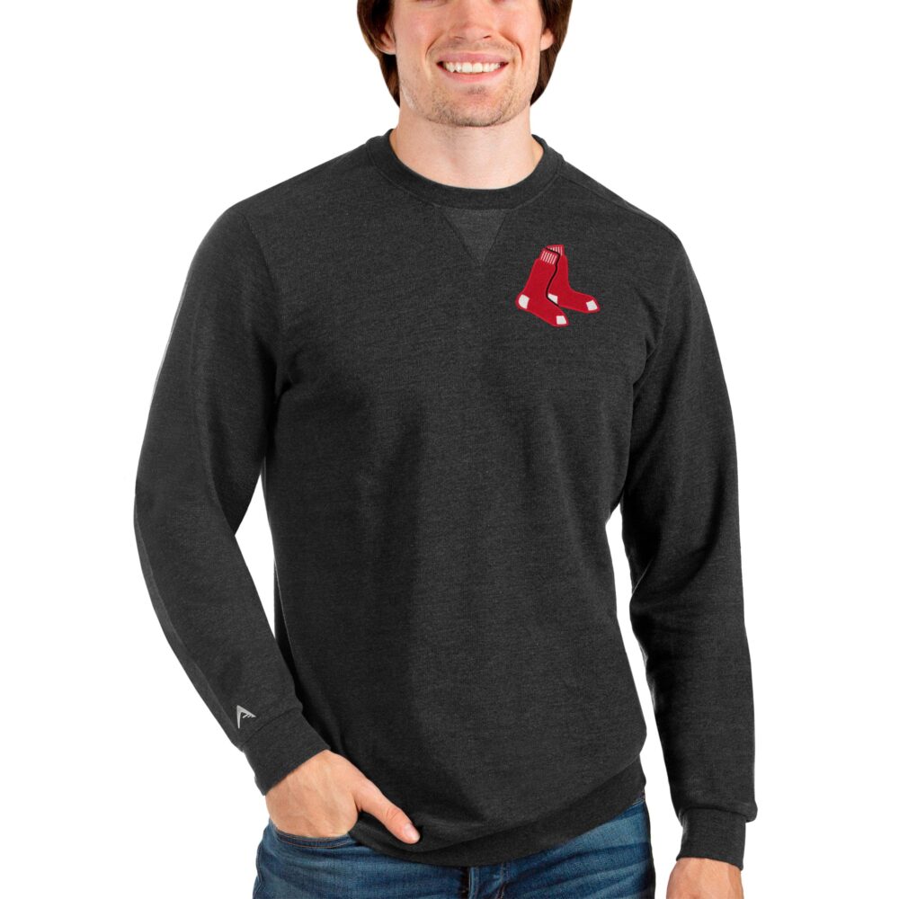 Men's Boston Red Sox Antigua Heathered Black Reward Crewneck Pullover Sweatshirt