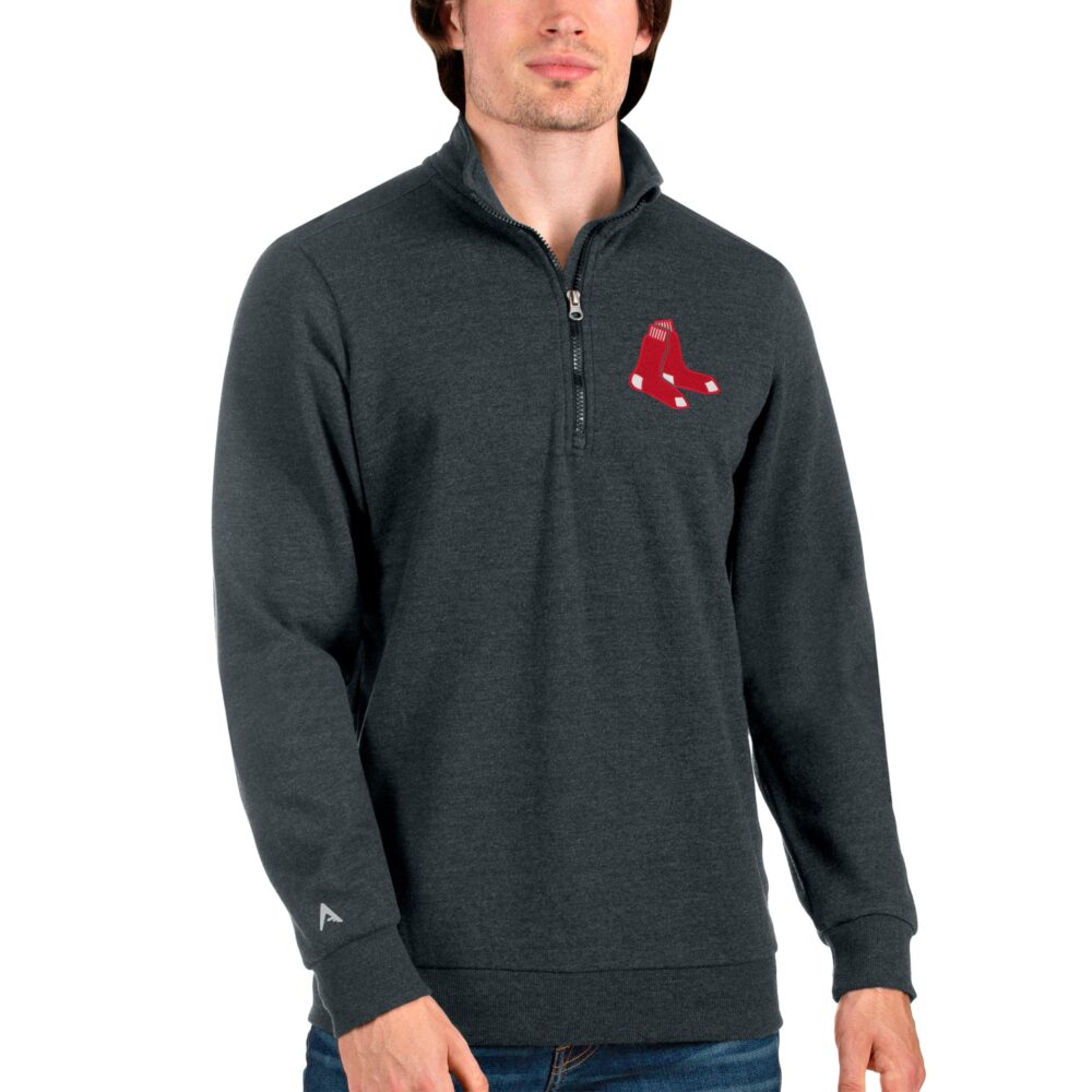 Men's Boston Red Sox Antigua Heathered Charcoal Action Quarter-Zip Pullover Sweatshirt
