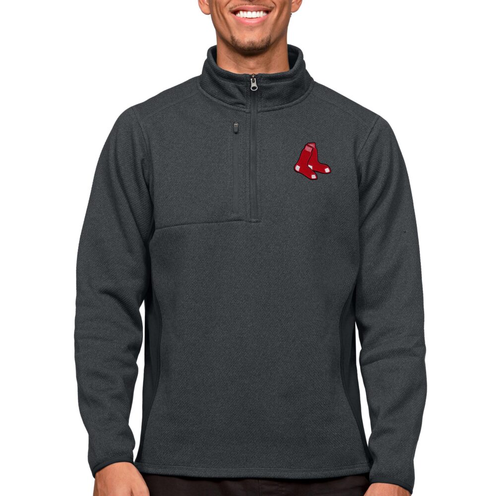 Men's Boston Red Sox Antigua Heathered Charcoal Course Quarter-Zip Pullover Top