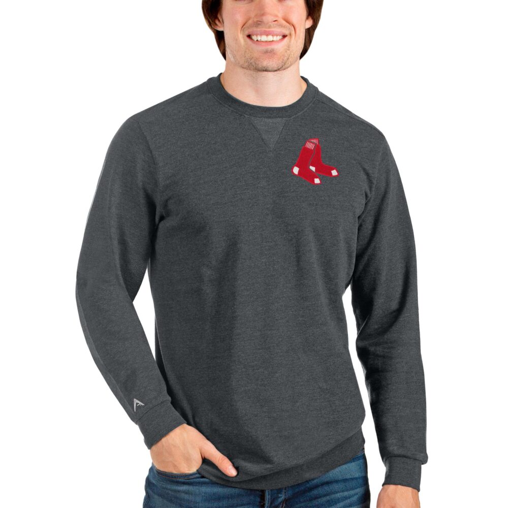 Men's Boston Red Sox Antigua Heathered Charcoal Reward Crewneck Pullover Sweatshirt