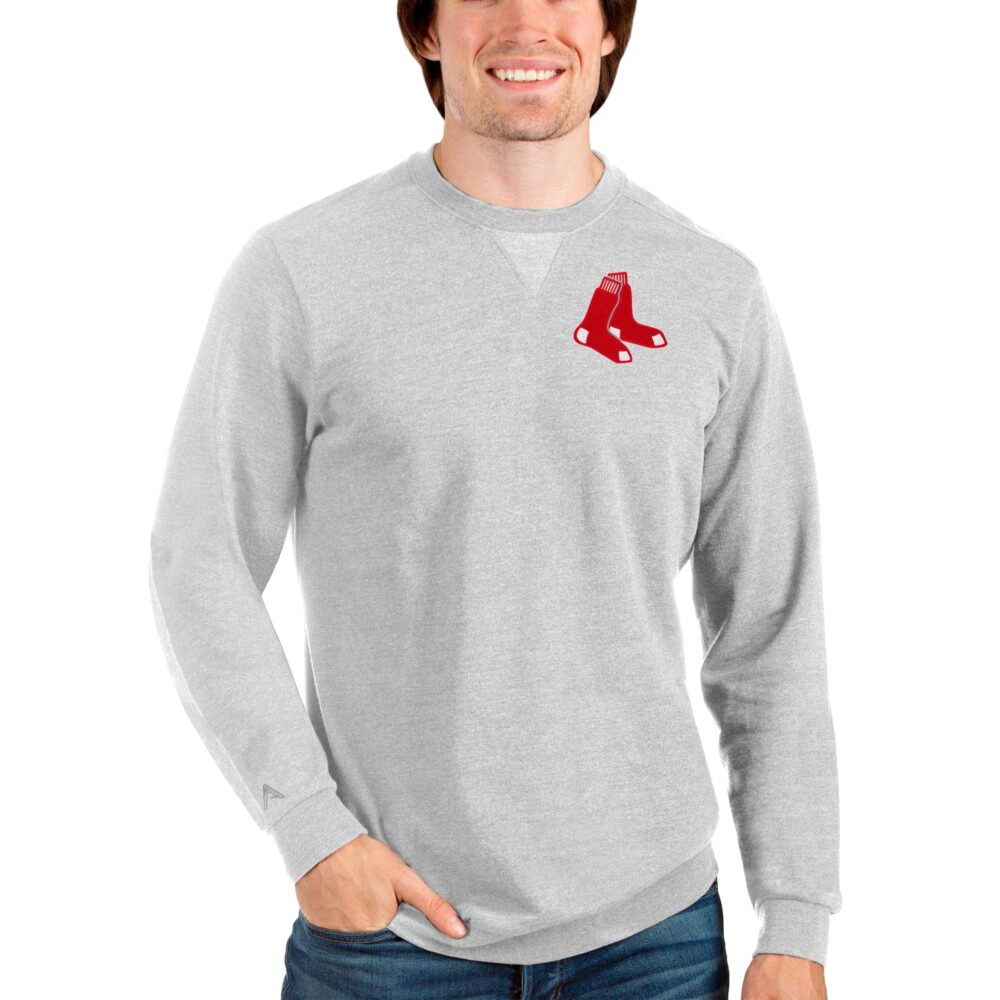 Men's Boston Red Sox Antigua Heathered Gray Reward Crewneck Pullover Sweatshirt