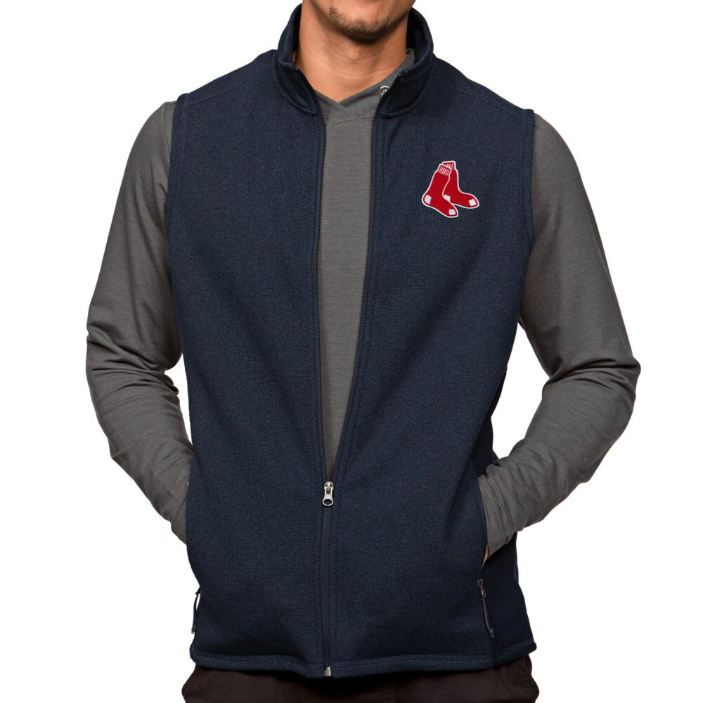 Men's Boston Red Sox Antigua Heathered Navy Course Full-Zip Vest