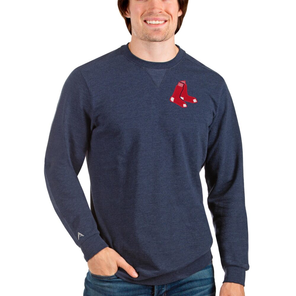 Men's Boston Red Sox Antigua Heathered Navy Reward Crewneck Pullover Sweatshirt
