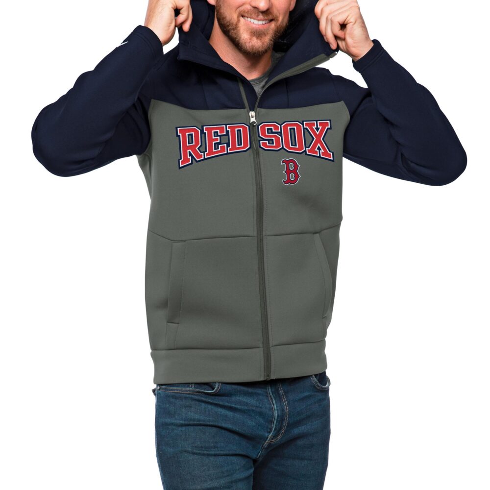 Men's Boston Red Sox Antigua Navy/Steel Wordmark Protect Full-Zip Hoodie