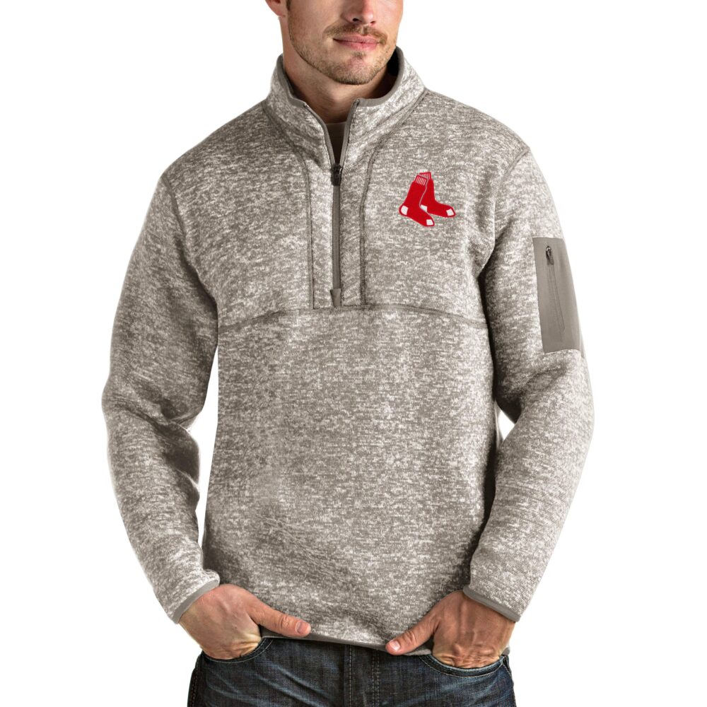 Men's Boston Red Sox Antigua Oatmeal Fortune Quarter-Zip Pullover Jacket