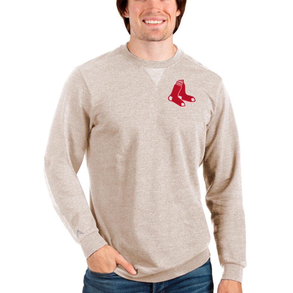 Men's Boston Red Sox Antigua Oatmeal Reward Crewneck Pullover Sweatshirt