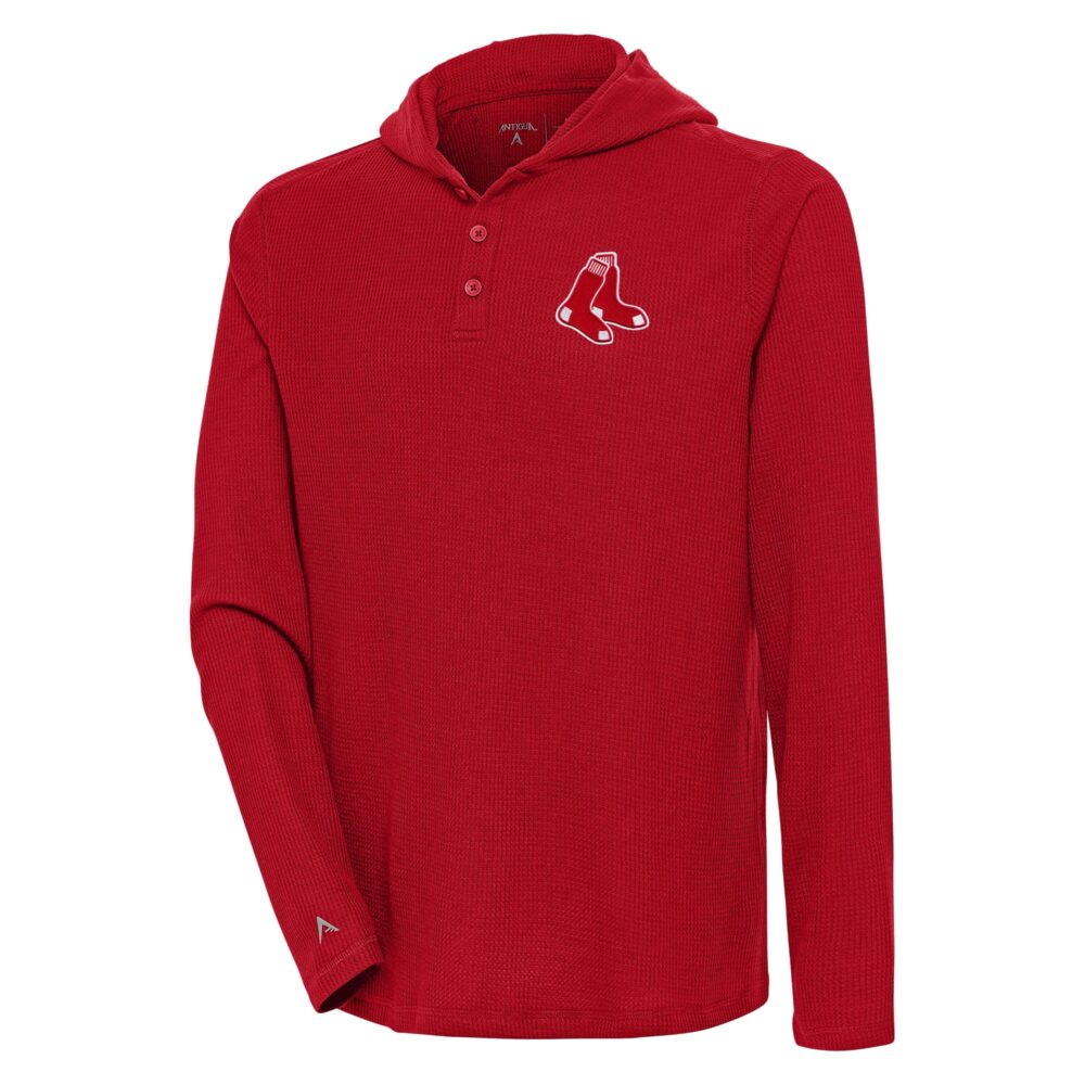 Men's Boston Red Sox  Antigua Red Strong Hold Long Sleeve Henley Hoodie T-Shirt
