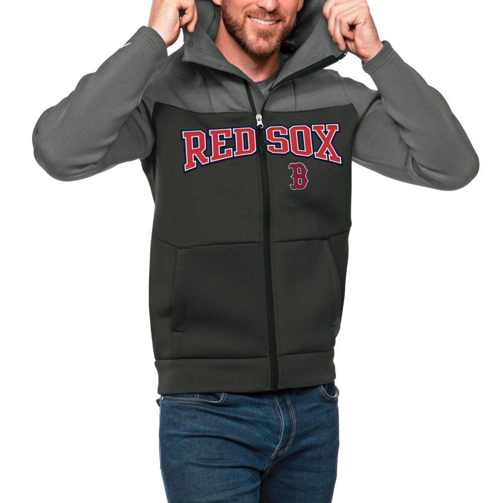 Men's Boston Red Sox Antigua Steel/Charcoal Wordmark Protect Full-Zip Hoodie