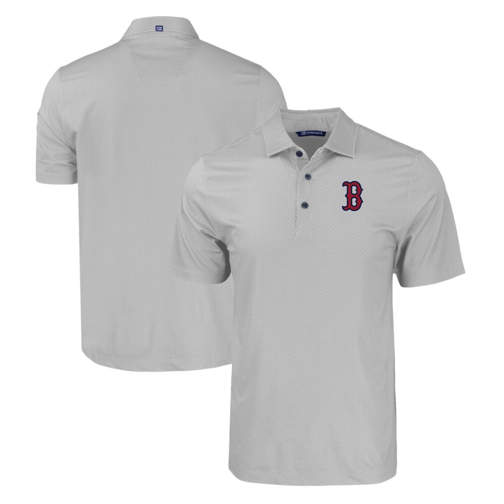 Men's Boston Red Sox  Cutter & Buck Gray Pike Eco Tonal Geo Print Stretch Recycled Polo