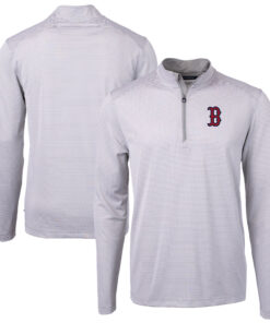 Men's Boston Red Sox Cutter & Buck Gray/White Virtue Eco Pique Micro Stripe Big & Tall Recycled Quarter-Zip Pullover Top