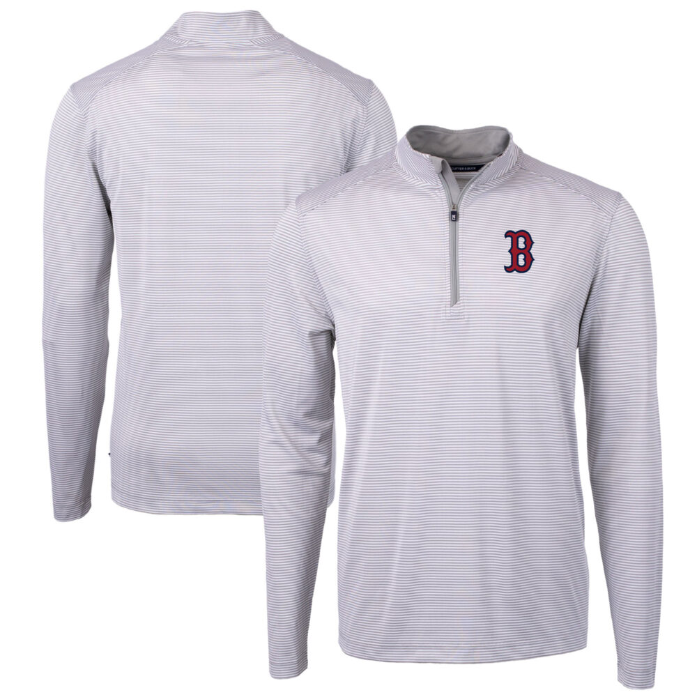 Men's Boston Red Sox Cutter & Buck Gray/White Virtue Eco Pique Micro Stripe Big & Tall Recycled Quarter-Zip Pullover Top