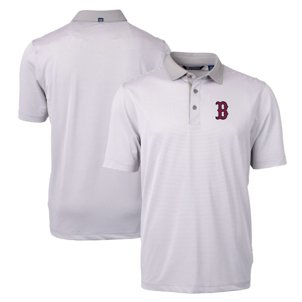 Men's Boston Red Sox Cutter & Buck Gray/White Virtue Eco Pique Micro Stripe Recycled Big & Tall Polo