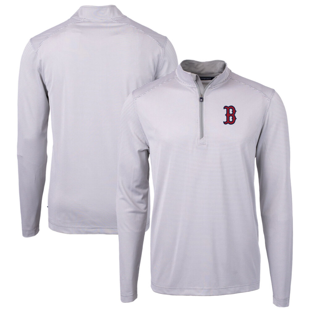 Men's Boston Red Sox Cutter & Buck Gray/White Virtue Eco Pique Micro Stripe Recycled Quarter-Zip Pullover Top