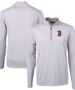 Men's Boston Red Sox Cutter & Buck Gray/White Virtue Eco Pique Micro Stripe Recycled Quarter-Zip Pullover Top