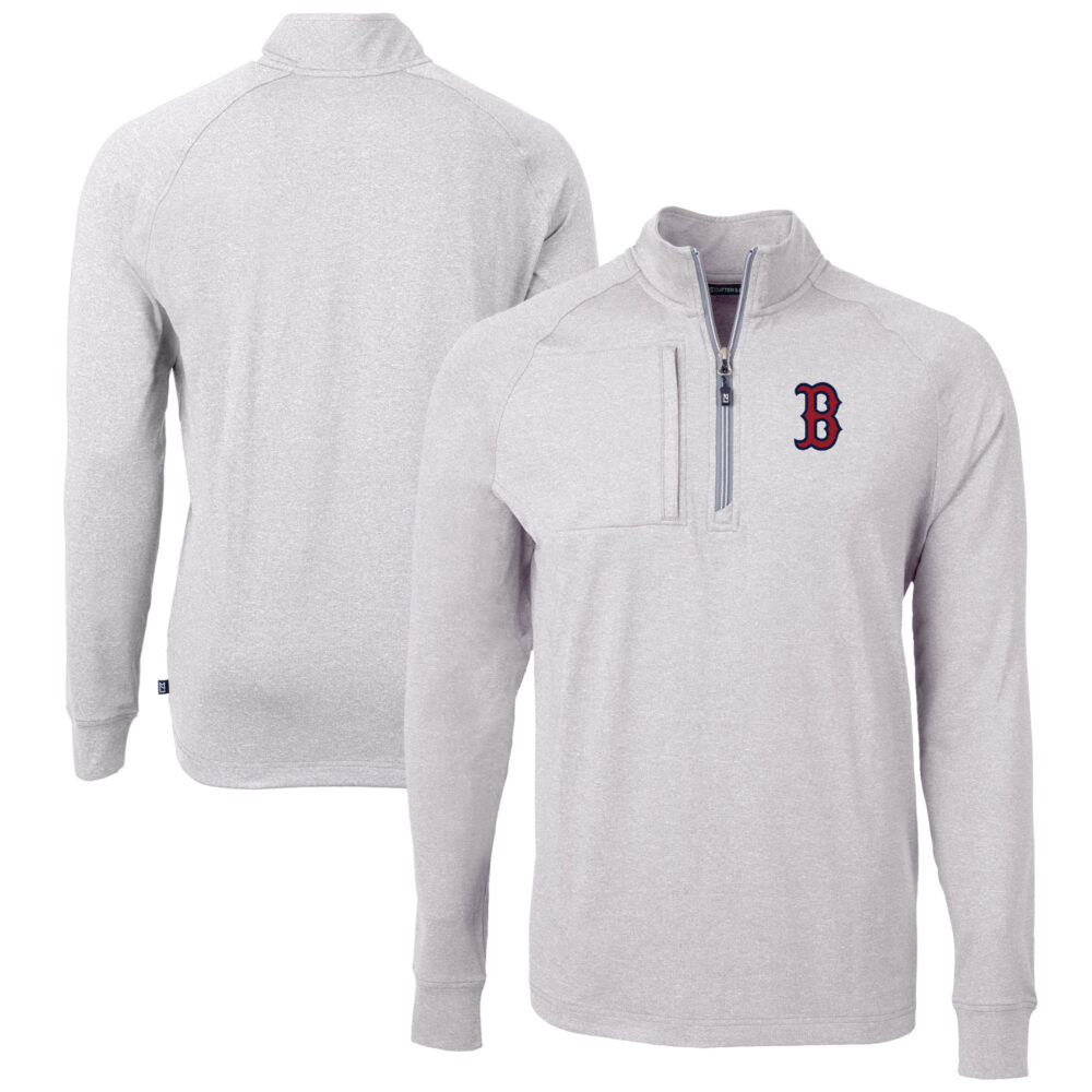 Men's Boston Red Sox Cutter & Buck Heather Gray Adapt Eco Knit Stretch Recycled Quarter-Zip Pullover Top