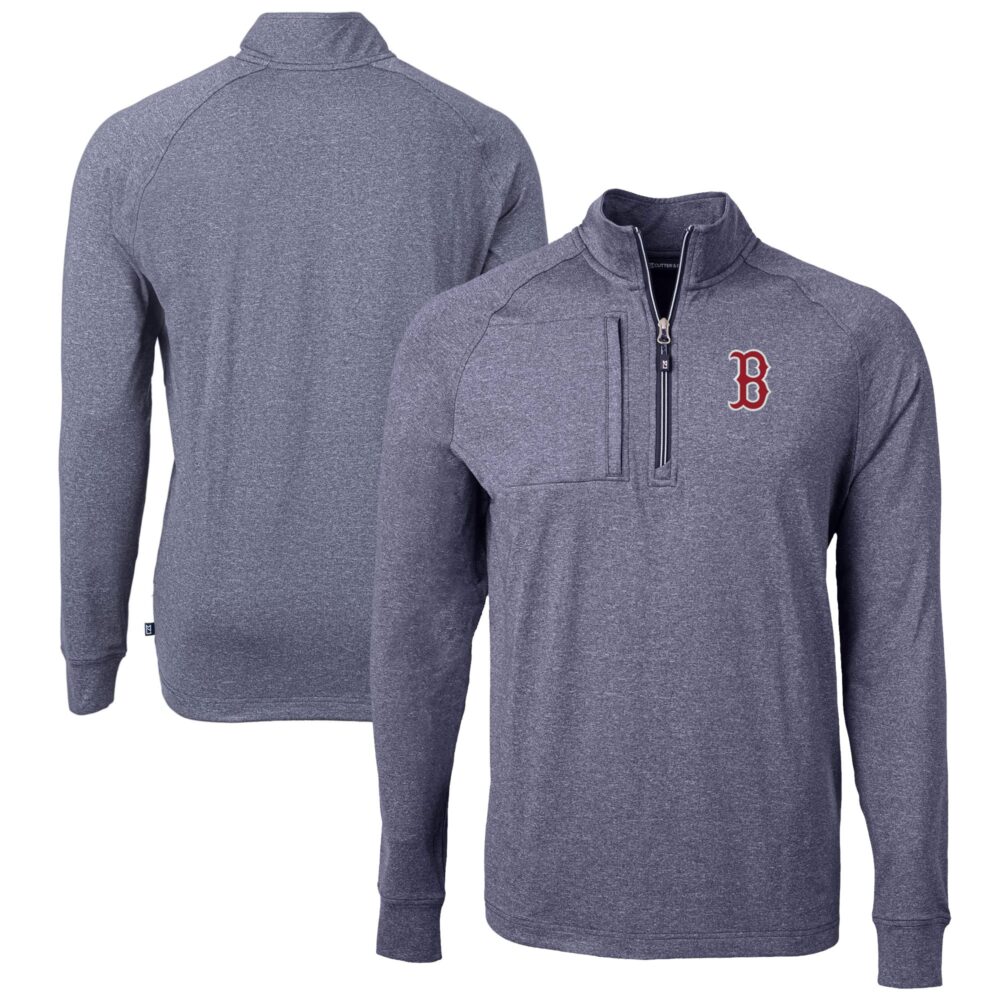 Men's Boston Red Sox Cutter & Buck Heather Navy Adapt Eco Knit Stretch Recycled Quarter-Zip Pullover Top