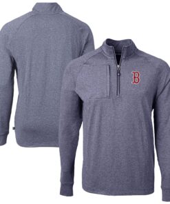 Men's Boston Red Sox Cutter & Buck Heather Navy Adapt Eco Knit Stretch Recycled Quarter-Zip Pullover Top