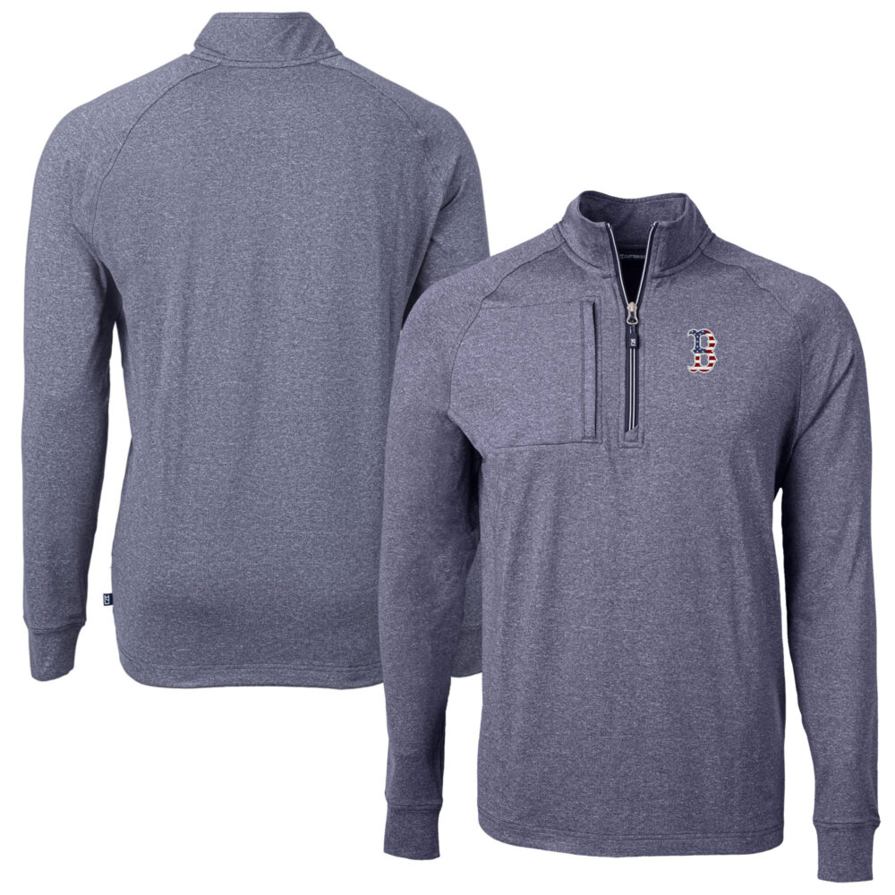 Men's Boston Red Sox  Cutter & Buck Heather Navy Americana Logo Adapt Eco Knit Stretch Recycled Quarter-Zip Pullover Top