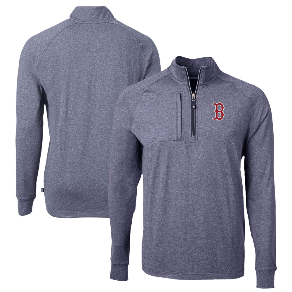 Men's Boston Red Sox Cutter & Buck Heather Navy Big & Tall Adapt Eco Knit Stretch Recycled Quarter-Zip Pullover Top