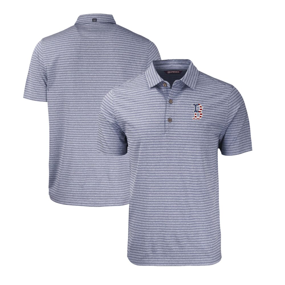 Men's Boston Red Sox  Cutter & Buck Heather Navy Stars & Stripes Forge Eco Heather Stripe Stretch Recycled Polo