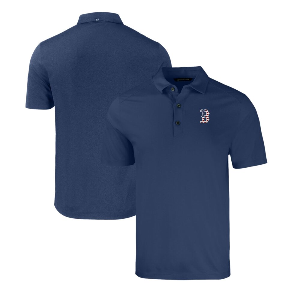 Men's Boston Red Sox  Cutter & Buck Heather Navy Stars & Stripes Forge Eco Stretch Recycled Polo