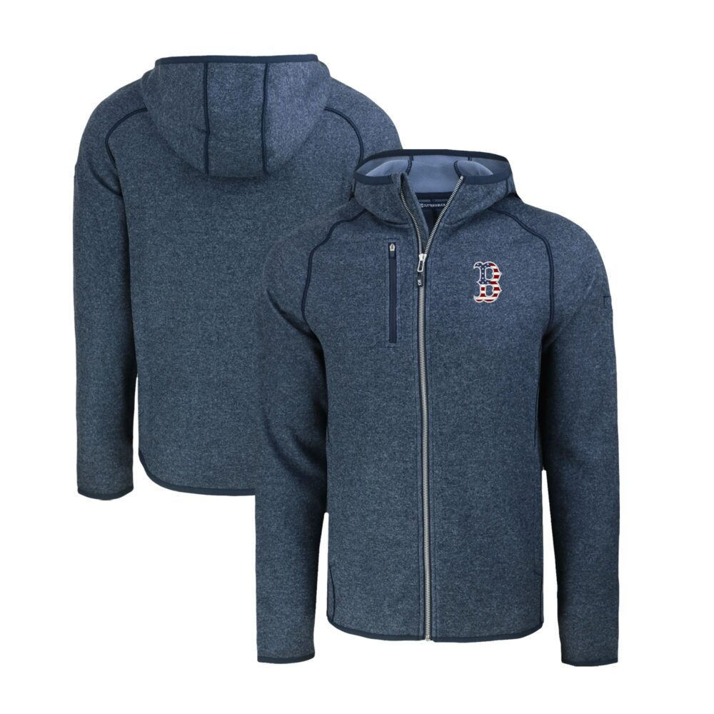Men's Boston Red Sox  Cutter & Buck Heather Navy Stars & Stripes Mainsail Sweater-Knit Full-Zip Hoodie