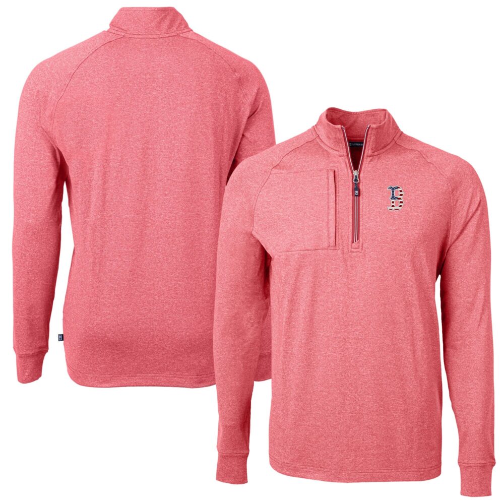 Men's Boston Red Sox  Cutter & Buck Heather Red Americana Logo Adapt Eco Knit Stretch Recycled Quarter-Zip Pullover Top