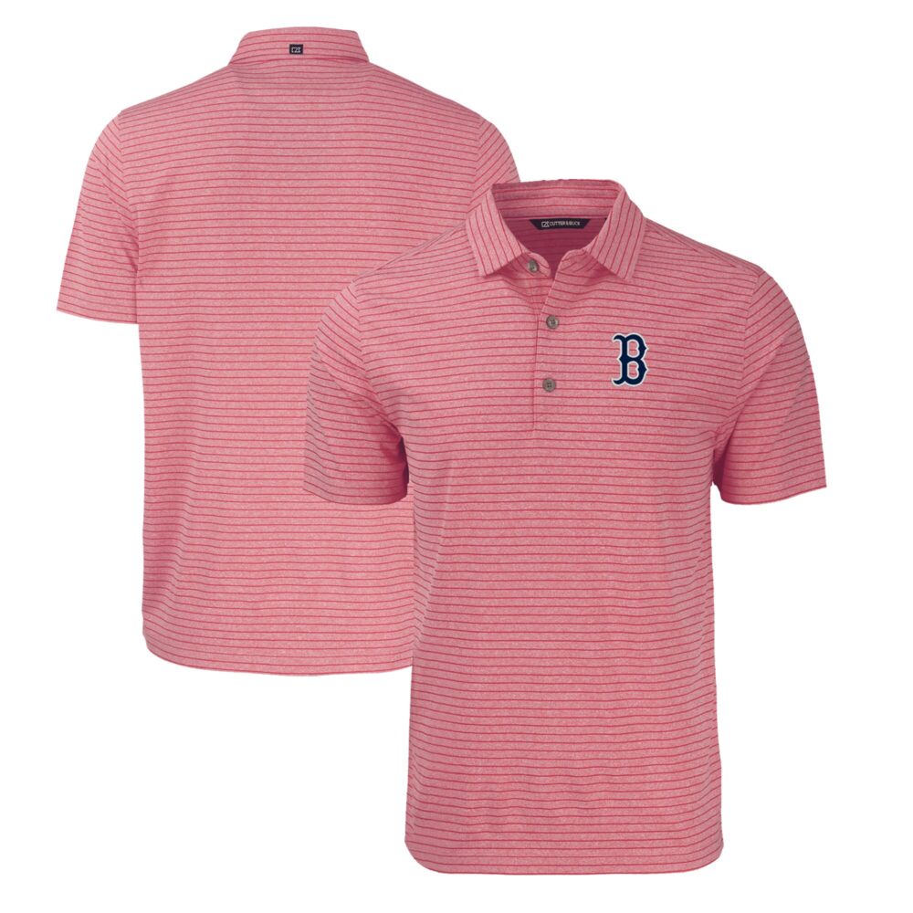 Men's Boston Red Sox  Cutter & Buck Heather Red Forge Eco Heathered Stripe Stretch Recycled Polo
