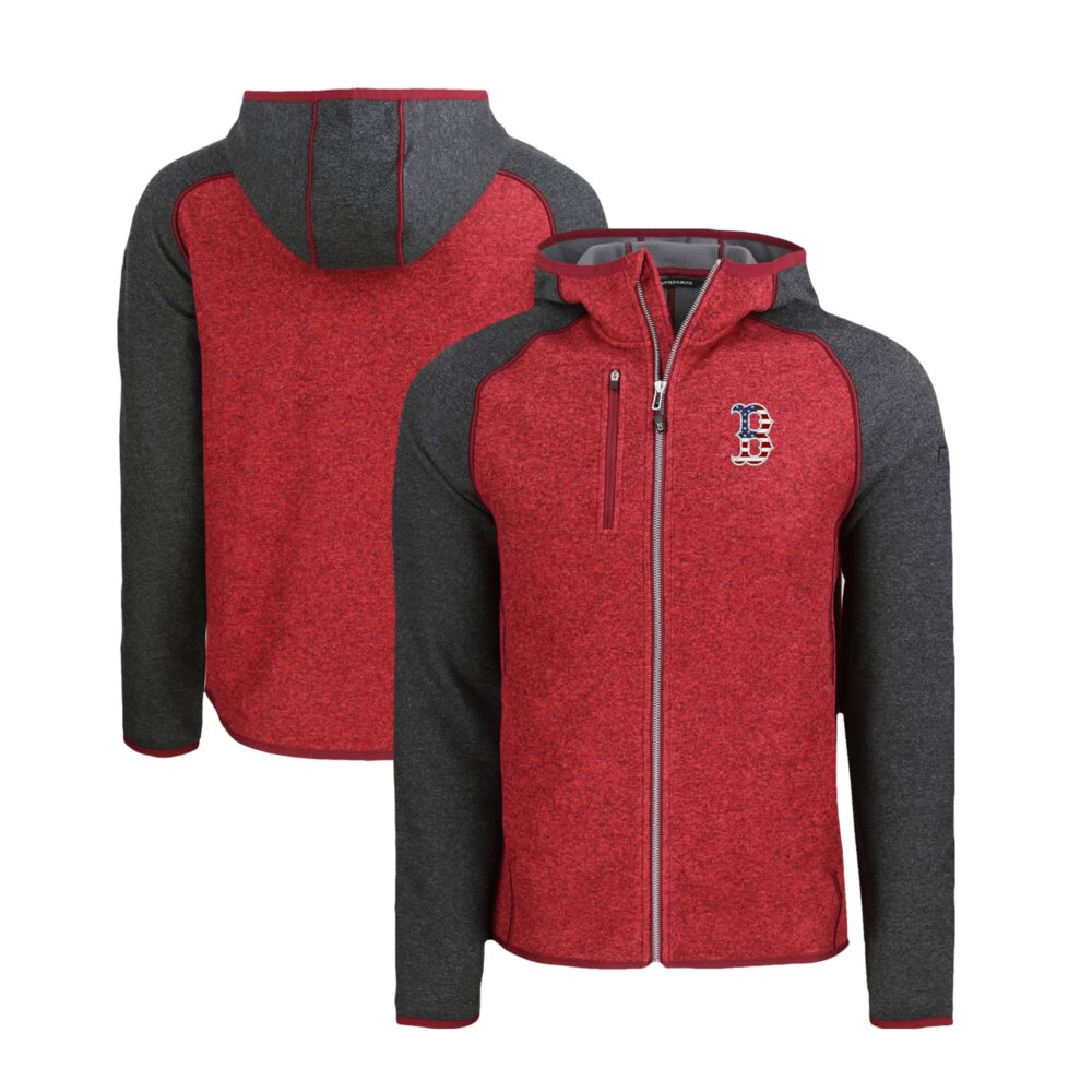 Men's Boston Red Sox  Cutter & Buck Heather Red/Heather Charcoal Stars & Stripes Mainsail Sweater-Knit Full-Zip Hoodie