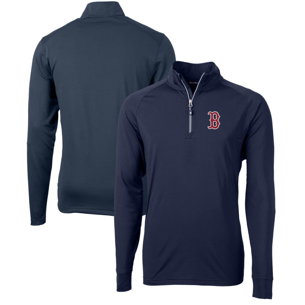 Men's Boston Red Sox  Cutter & Buck Navy Adapt Eco Knit Stretch Recycled Quarter-Zip Pullover Top