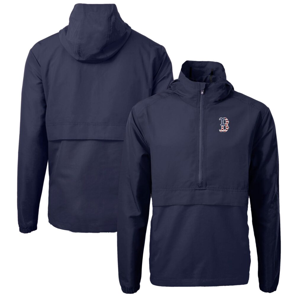 Men's Boston Red Sox  Cutter & Buck Navy Americana Logo Charter Eco Knit Recycled Anorak Half-Zip Jacket