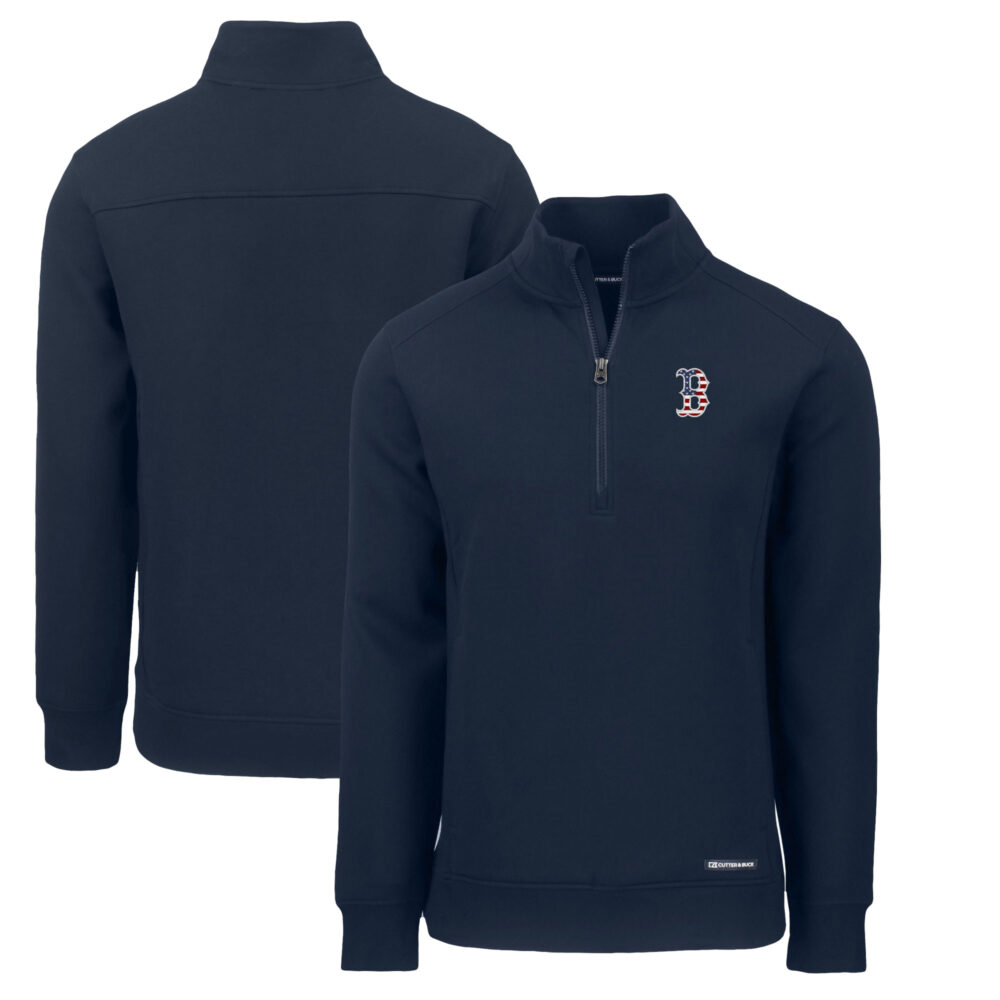 Men's Boston Red Sox  Cutter & Buck Navy Americana Roam Eco Recycled Quarter-Zip Sweatshirt