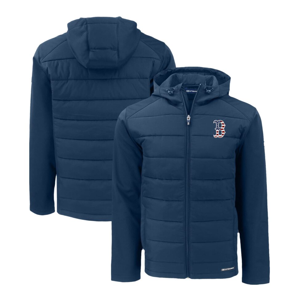 Men's Boston Red Sox  Cutter & Buck Navy Stars & Stripes Big & Tall Evoke Hybrid Eco Softshell Recycled Full-Zip Hoodie Jacket
