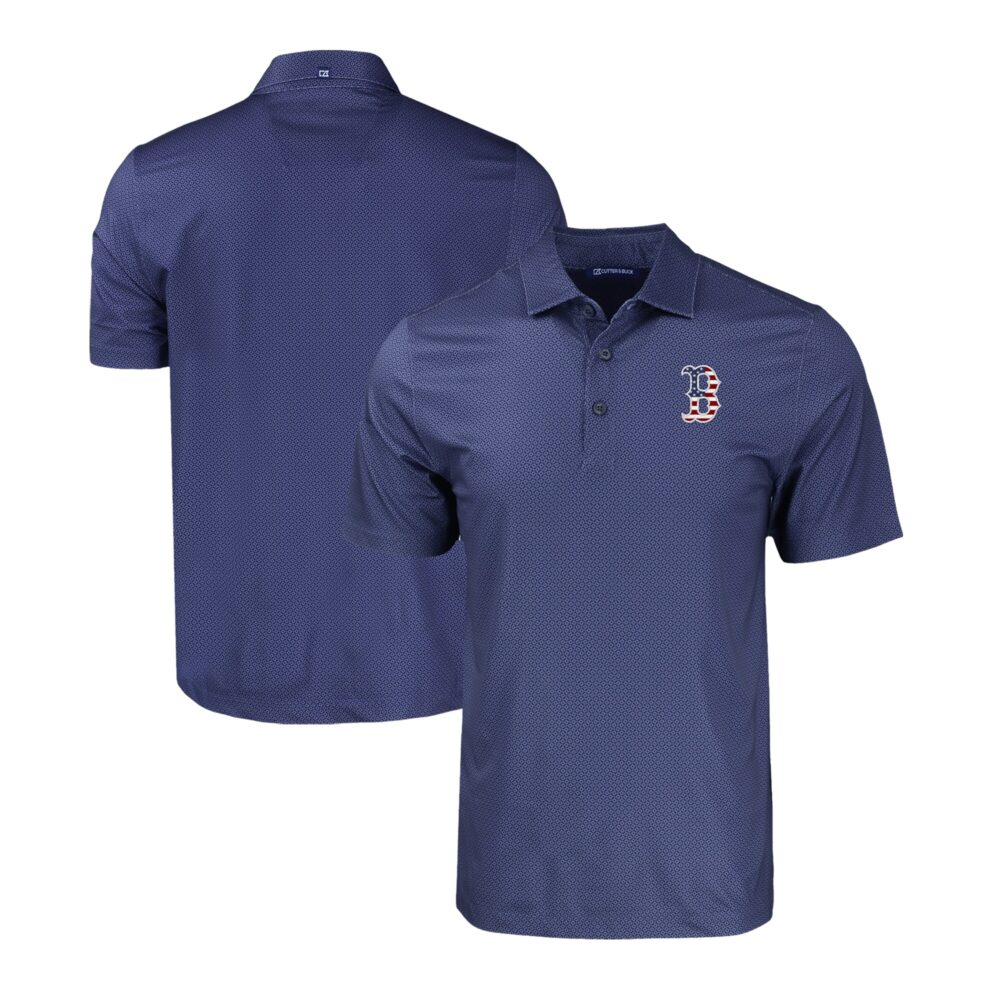 Men's Boston Red Sox  Cutter & Buck Navy Stars & Stripes Pike Eco Tonal Geo Print Stretch Recycled Polo