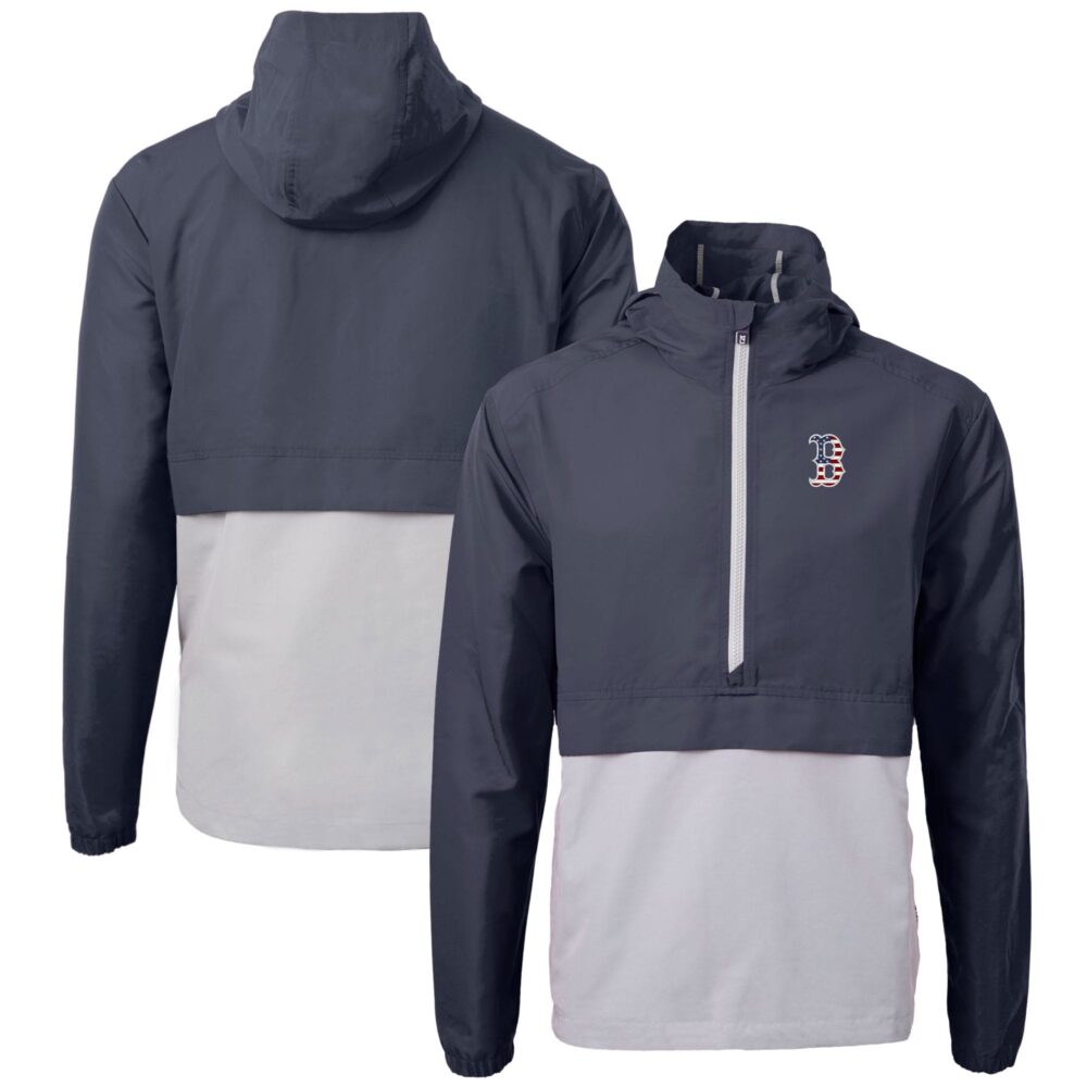 Men's Boston Red Sox  Cutter & Buck Navy/Gray Americana Logo Charter Eco Knit Recycled Anorak Half-Zip Jacket