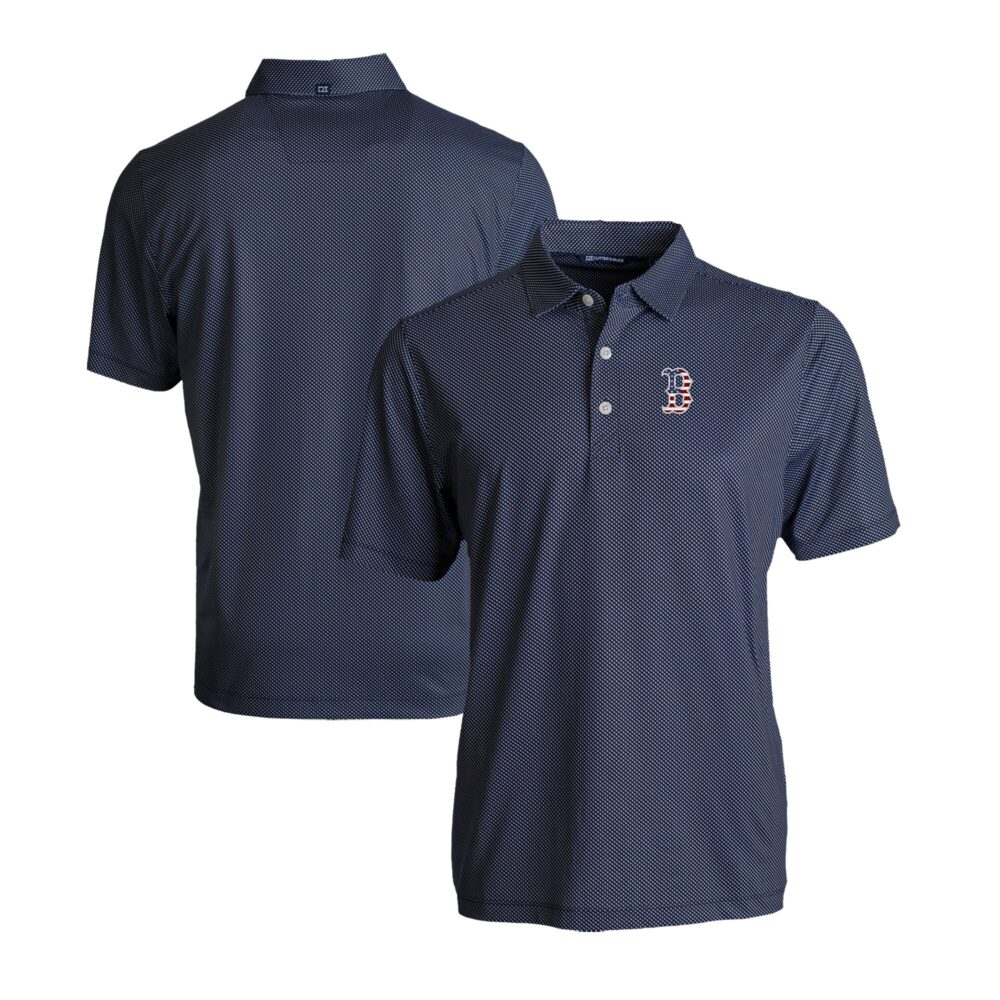 Men's Boston Red Sox  Cutter & Buck Navy/White Stars & Stripes Pike Eco Symmetry Print Stretch Recycled Polo