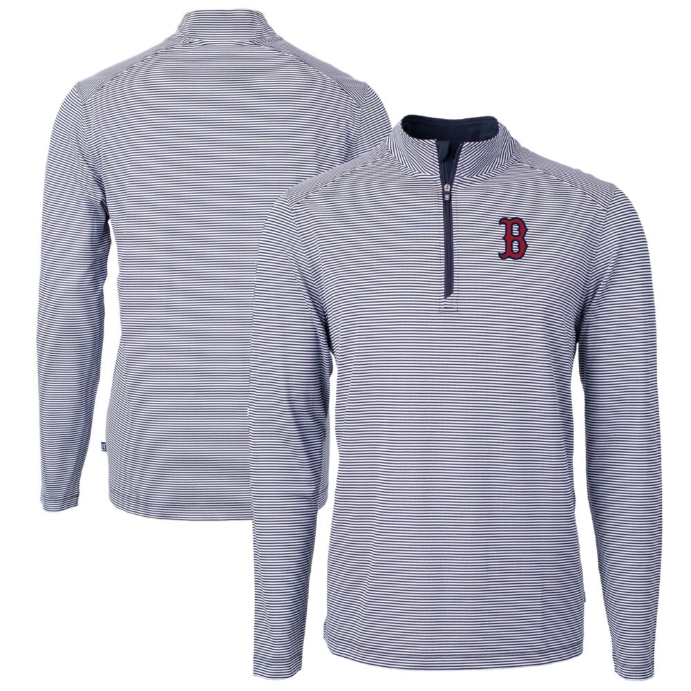Men's Boston Red Sox Cutter & Buck Navy/White Virtue Eco Pique Micro Stripe Big & Tall Recycled Quarter-Zip Pullover Top