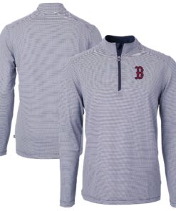 Men's Boston Red Sox Cutter & Buck Navy/White Virtue Eco Pique Micro Stripe Big & Tall Recycled Quarter-Zip Pullover Top