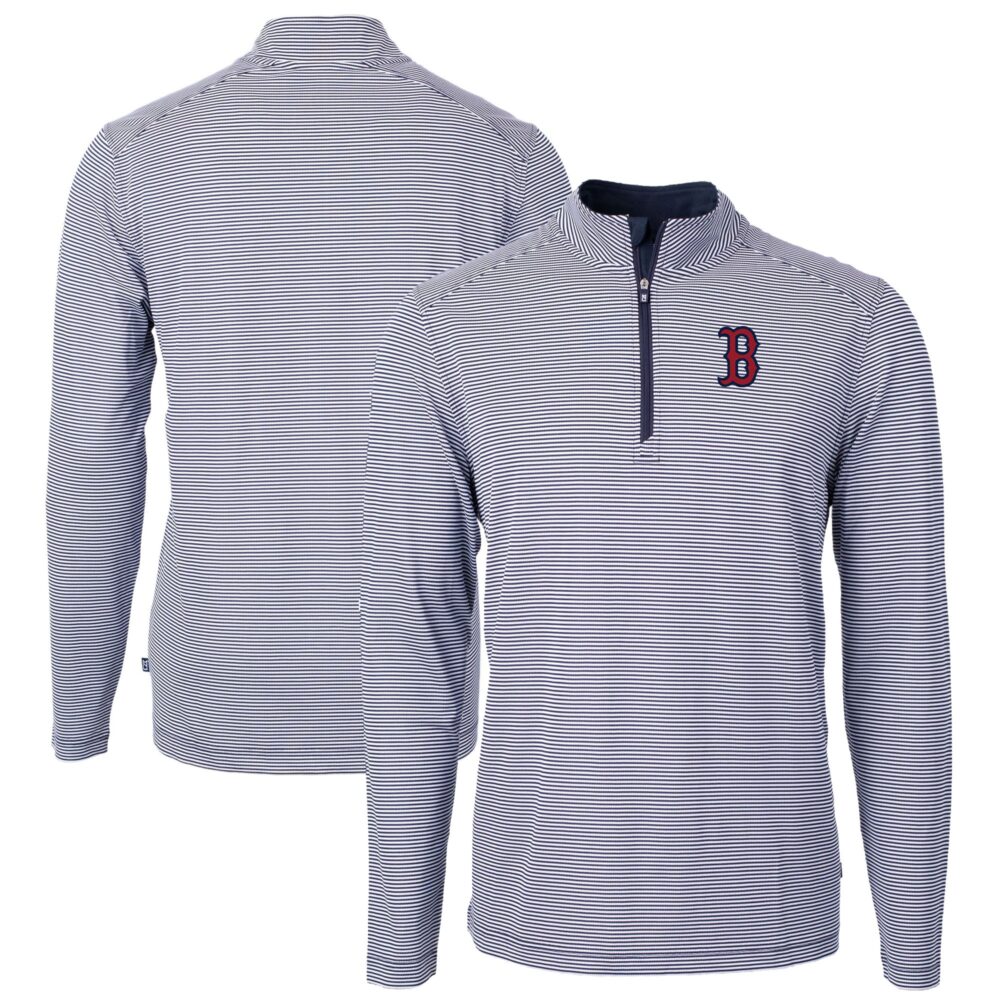 Men's Boston Red Sox Cutter & Buck Navy/White Virtue Eco Pique Micro Stripe Recycled Quarter-Zip Pullover Top