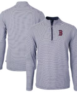 Men's Boston Red Sox Cutter & Buck Navy/White Virtue Eco Pique Micro Stripe Recycled Quarter-Zip Pullover Top