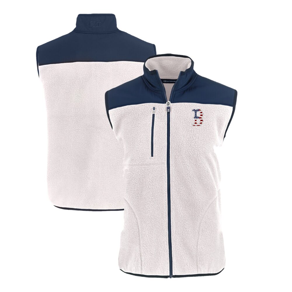 Men's Boston Red Sox  Cutter & Buck Oatmeal Stars & Stripes Cascade Eco Sherpa Fleece Full-Zip Vest