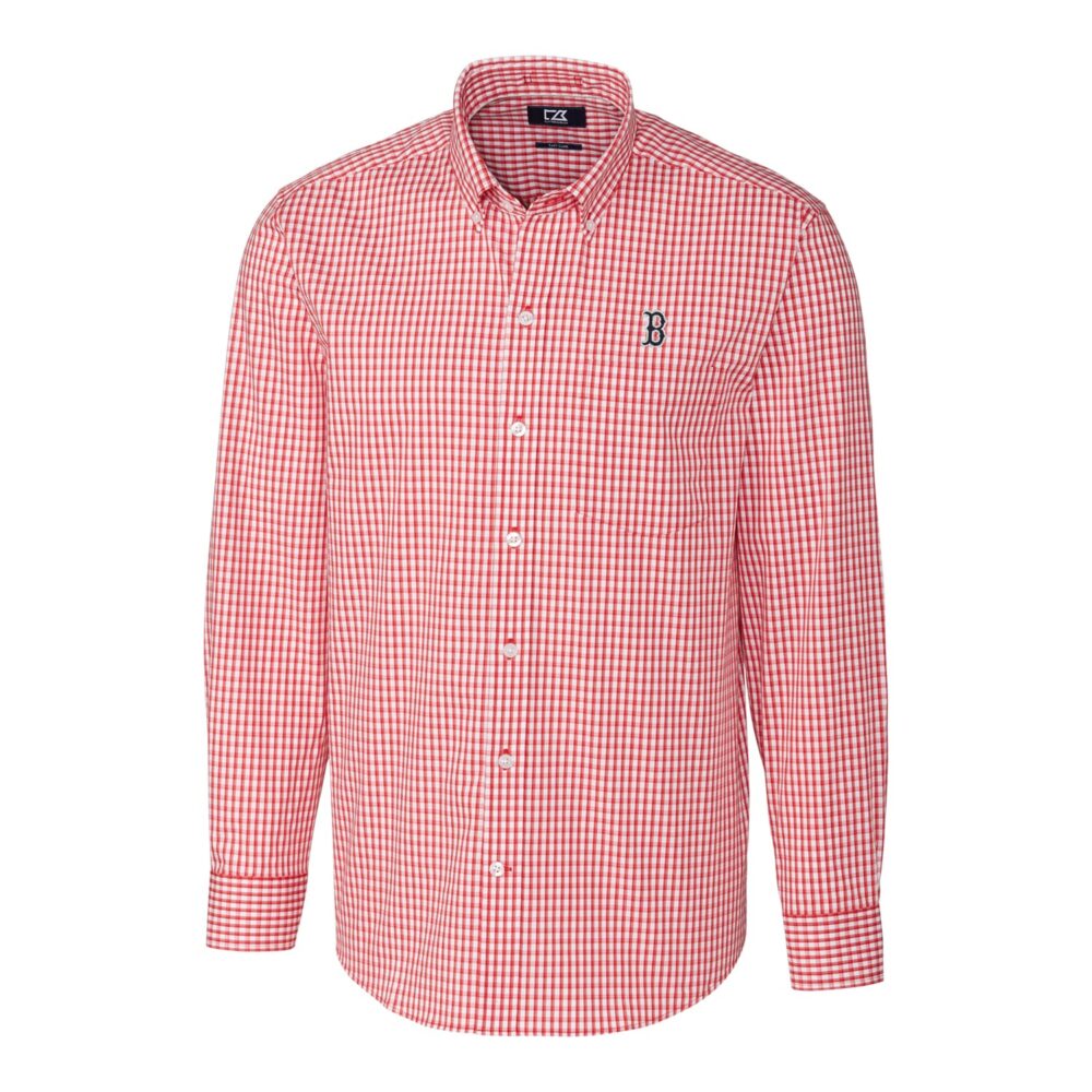 Men's Boston Red Sox Cutter & Buck Red Big & Tall Stretch Gingham Long Sleeve Button-Down Shirt